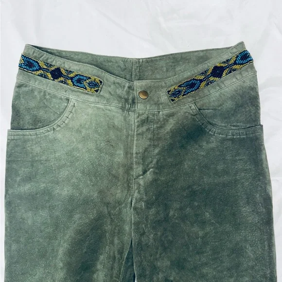 Green Flared Women's Leather Pants - Picture 5 of 7